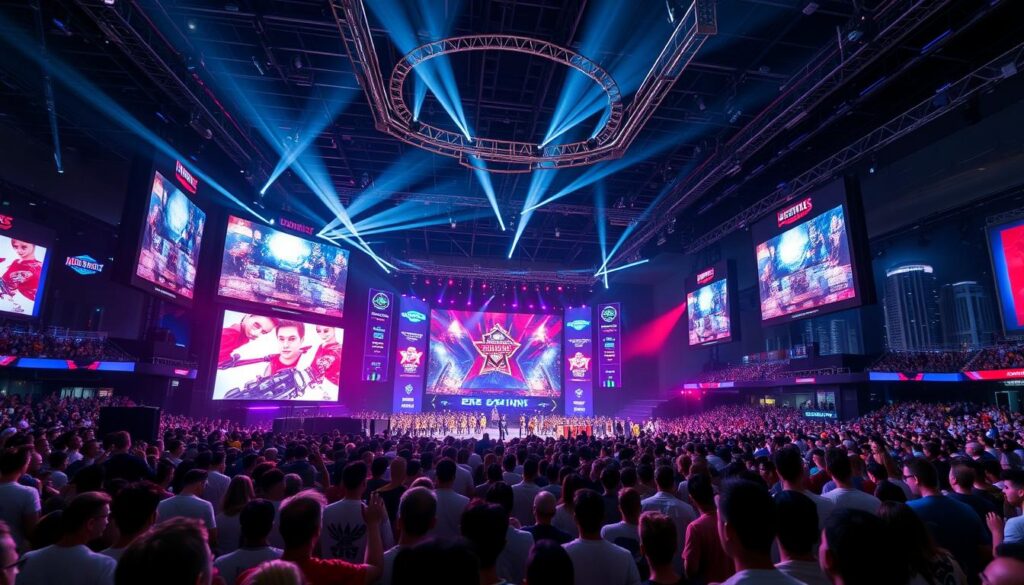 A bustling e-sports arena, with a large stage at the center illuminated by vibrant spotlights. In the foreground, a crowd of excited spectators watch intently as professional gamers compete on massive screens. The middle ground features towering screens displaying live game footage, stats, and sponsor logos, conveying the high-stakes, technologically-advanced nature of the event. In the background, a cityscape of skyscrapers and neon lights suggests the global reach and growing prominence of the e-sports industry. The overall scene exudes a sense of energy, competition, and the rapid expansion of this booming market. A bustling e-sports arena, with a large stage at the center illuminated by vibrant spotlights. In the foreground, a crowd of excited spectators watch intently as professional gamers compete on massive screens. The middle ground features towering screens displaying live game footage, stats, and sponsor logos, conveying the high-stakes, technologically-advanced nature of the event. In the background, a cityscape of skyscrapers and neon lights suggests the global reach and growing prominence of the e-sports industry. The overall scene exudes a sense of energy, competition, and the rapid expansion of this booming market.