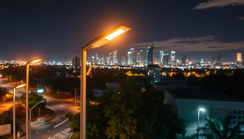 A captivating nighttime cityscape showcases an intelligent public lighting system. In the foreground, sleek, modern street lamps equipped with IoT sensors glow with a warm, energy-efficient illumination, casting a soft, ambient light on the surrounding urban landscape. In the middle ground, the streets and sidewalks are dotted with discreet monitoring devices, seamlessly integrated into the infrastructure, gathering data to optimize lighting levels and energy usage. In the background, the city skyline is illuminated by a network of interconnected, adaptive lighting systems, creating an atmospheric, yet practical lighting solution that reduces energy consumption and enhances the overall sustainability of the urban environment.