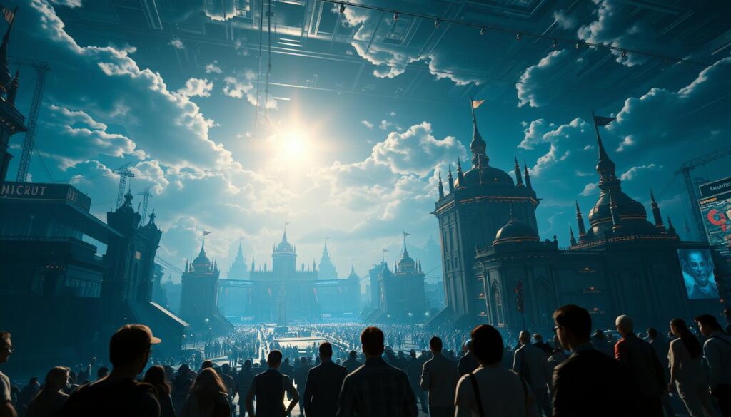 A cinematic, high-quality rendering of a stunning cloud-based gaming scene showcasing the power of ray tracing. In the foreground, a group of players immersed in a visually stunning virtual world, surrounded by detailed architectural elements and environmental effects. The middle ground features intricate lighting, with realistic reflections, refractions, and shadows cast across the scene. In the background, a vast, expansive cloud infrastructure supports the seamless streaming of this ray-traced gaming experience, hinting at the future of hardware-free, high-performance cloud gaming. The overall mood is one of awe and wonder, capturing the technological advancement and the cinematic quality achievable through ray tracing in a cloud-based gaming environment. A cinematic, high-quality rendering of a stunning cloud-based gaming scene showcasing the power of ray tracing. In the foreground, a group of players immersed in a visually stunning virtual world, surrounded by detailed architectural elements and environmental effects. The middle ground features intricate lighting, with realistic reflections, refractions, and shadows cast across the scene. In the background, a vast, expansive cloud infrastructure supports the seamless streaming of this ray-traced gaming experience, hinting at the future of hardware-free, high-performance cloud gaming. The overall mood is one of awe and wonder, capturing the technological advancement and the cinematic quality achievable through ray tracing in a cloud-based gaming environment.