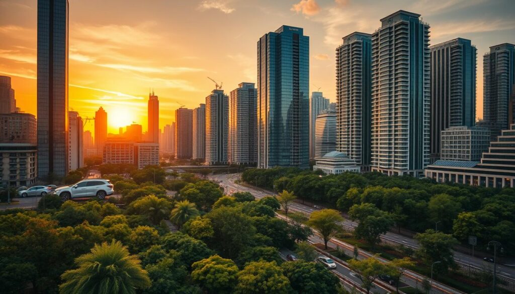A cityscape at dusk, bathed in a warm, golden glow. In the foreground, sleek, interconnected IoT devices seamlessly monitor and manage energy consumption, waste management, and traffic flow. The middle ground features lush, verdant greenery - smart gardens, urban forests, and renewable energy sources like solar panels. In the background, towering skyscrapers with clean, efficient facades, their windows reflecting the vibrant hues of the sunset. The scene exudes a sense of harmony, where technology and nature coexist in perfect balance, creating a sustainable, intelligent urban environment. A cityscape at dusk, bathed in a warm, golden glow. In the foreground, sleek, interconnected IoT devices seamlessly monitor and manage energy consumption, waste management, and traffic flow. The middle ground features lush, verdant greenery - smart gardens, urban forests, and renewable energy sources like solar panels. In the background, towering skyscrapers with clean, efficient facades, their windows reflecting the vibrant hues of the sunset. The scene exudes a sense of harmony, where technology and nature coexist in perfect balance, creating a sustainable, intelligent urban environment.