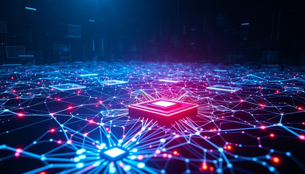 A cybersecurity landscape dominated by AI, with complex data streams and interconnected systems. In the foreground, a digital neural network pulsates with energy, its intricate nodes and connections symbolizing the power of machine learning in safeguarding against cyber threats. In the middle ground, sleek, angular shapes representing advanced security algorithms and protocols weave a protective mesh around a central data hub. The background is a moody, atmospheric blend of digital grids, glowing nodes, and swirling lines of code, conveying the dynamic, ever-evolving nature of the cybersecurity landscape. Lighting is dramatic, with strong contrasts and highlights that emphasize the technological sophistication and urgency of the scene. The overall tone is one of vigilance, innovation, and the relentless pursuit of digital security in the face of increasingly sophisticated cyber attacks. A cybersecurity landscape dominated by AI, with complex data streams and interconnected systems. In the foreground, a digital neural network pulsates with energy, its intricate nodes and connections symbolizing the power of machine learning in safeguarding against cyber threats. In the middle ground, sleek, angular shapes representing advanced security algorithms and protocols weave a protective mesh around a central data hub. The background is a moody, atmospheric blend of digital grids, glowing nodes, and swirling lines of code, conveying the dynamic, ever-evolving nature of the cybersecurity landscape. Lighting is dramatic, with strong contrasts and highlights that emphasize the technological sophistication and urgency of the scene. The overall tone is one of vigilance, innovation, and the relentless pursuit of digital security in the face of increasingly sophisticated cyber attacks.