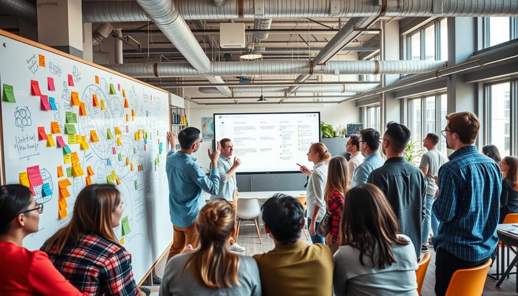 A dynamic and vibrant startup environment, filled with a team of diverse individuals collaborating on cutting-edge projects. In the foreground, a group of developers and designers huddle around a whiteboard, sketching out ideas and discussing Agile methodologies. Vibrant colors, intricate diagrams, and sticky notes adorn the walls, creating a sense of forward momentum and creative energy. In the middle ground, a team leader presents to a rapt audience, gesturing towards a large screen displaying a Kanban board, illustrating the Agile principles in action. The background is filled with a modern, airy office space, with abundant natural light streaming through large windows, reflecting the startup's commitment to innovation and adaptability. The overall scene conveys a culture of collaboration, rapid iteration, and a relentless drive to transform ideas into reality. A dynamic and vibrant startup environment, filled with a team of diverse individuals collaborating on cutting-edge projects. In the foreground, a group of developers and designers huddle around a whiteboard, sketching out ideas and discussing Agile methodologies. Vibrant colors, intricate diagrams, and sticky notes adorn the walls, creating a sense of forward momentum and creative energy. In the middle ground, a team leader presents to a rapt audience, gesturing towards a large screen displaying a Kanban board, illustrating the Agile principles in action. The background is filled with a modern, airy office space, with abundant natural light streaming through large windows, reflecting the startup's commitment to innovation and adaptability. The overall scene conveys a culture of collaboration, rapid iteration, and a relentless drive to transform ideas into reality.