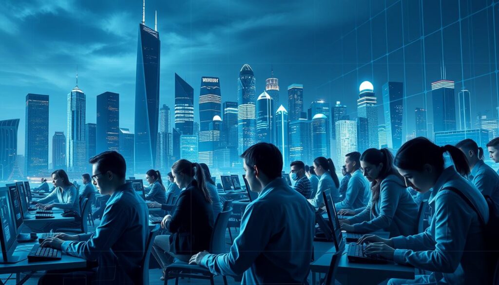 A dynamic, futuristic cybersecurity career landscape, with a towering cityscape of sleek, high-tech skyscrapers in the background. In the foreground, a diverse group of cybersecurity professionals, each engrossed in their screens, keyboards, and data visualizations, conveying the depth and breadth of the field. Subtle lighting casts an ethereal glow, evoking a sense of cutting-edge innovation. The scene is framed by a subtle grid pattern, hinting at the structured, analytical nature of the work. The overall atmosphere is one of focus, determination, and a commitment to safeguarding the digital world.