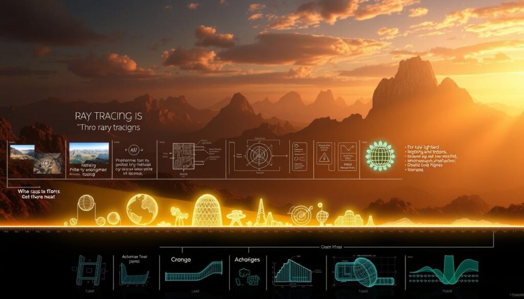 A dynamic visual timeline showcasing the evolution of ray tracing in video games. A striking foreground depicts a series of game environments, each demonstrating a significant leap in realistic lighting and shadows, from early primitive effects to modern, photorealistic global illumination. The middle ground features glowing wireframe models, technical diagrams, and data visualizations illustrating the underlying algorithms and computational advances that have driven this progression. In the background, a dramatic landscape of towering, ray-traced mountains and skies, bathed in warm, cinematic lighting, create a sense of awe and wonder at the visual potential of this rendering technique. A dynamic visual timeline showcasing the evolution of ray tracing in video games. A striking foreground depicts a series of game environments, each demonstrating a significant leap in realistic lighting and shadows, from early primitive effects to modern, photorealistic global illumination. The middle ground features glowing wireframe models, technical diagrams, and data visualizations illustrating the underlying algorithms and computational advances that have driven this progression. In the background, a dramatic landscape of towering, ray-traced mountains and skies, bathed in warm, cinematic lighting, create a sense of awe and wonder at the visual potential of this rendering technique.