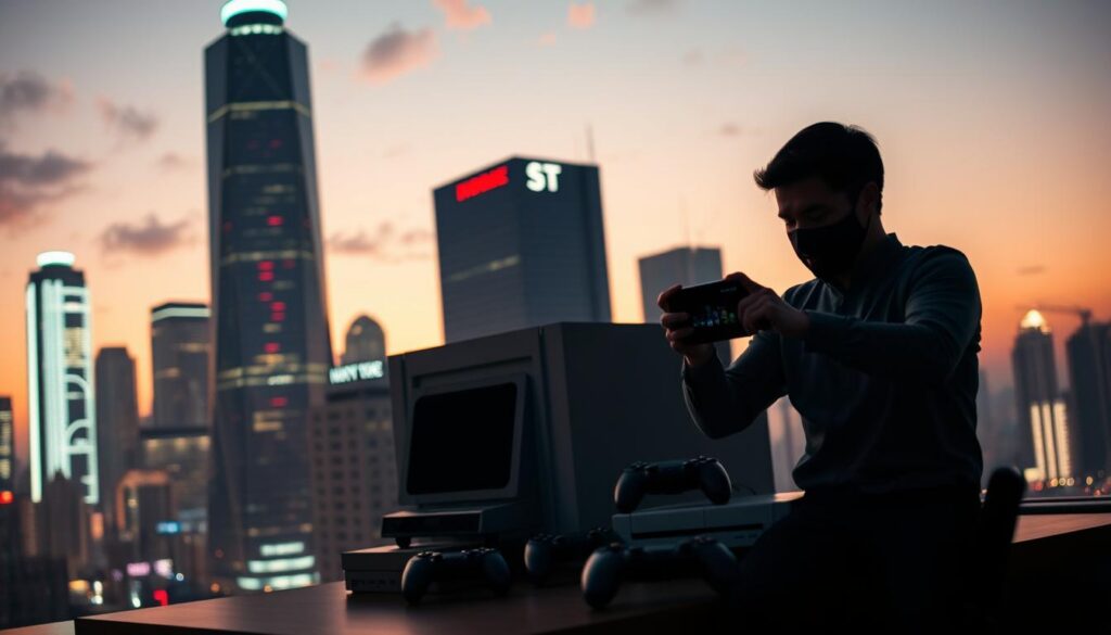 A futuristic cityscape at dusk, with a towering skyscraper in the background representing the cloud gaming infrastructure. In the foreground, a person is engrossed in a cloud gaming session on a sleek, minimalist handheld device, while in the middle ground, a classic game console sits on a table, surrounded by a variety of controllers. The lighting is a warm, atmospheric blend of neon city lights and a soft, natural glow, creating a sense of balance between the new and the old. The scene conveys the contrast between the convenience and flexibility of cloud gaming and the tangible, tactile experience of traditional console gaming, inviting the viewer to ponder the advantages and disadvantages of each.