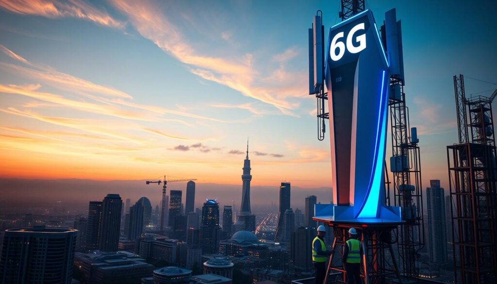 A futuristic cityscape at dusk, with the iconic Anatel logo prominently displayed on a towering 6G communications tower. The tower's sleek, angular design and glowing blue accents evoke a sense of advanced technology and cutting-edge innovation. In the foreground, engineers in crisp, high-visibility uniforms work diligently, installing and calibrating the latest 6G infrastructure. The cityscape is bathed in a warm, golden light, creating an atmosphere of progress and anticipation. Wispy clouds in the sky and the faint silhouettes of skyscrapers in the distance add depth and scale to the scene. The overall composition conveys the idea of Brazil's Anatel proactively preparing for the arrival of 6G, a transformative technology that will shape the future of telecommunications.