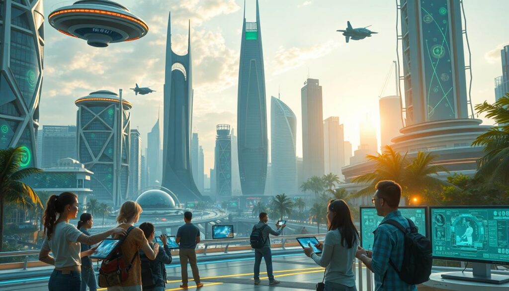 A futuristic cityscape with towering eco-friendly buildings, sleek hover vehicles, and vibrant holographic displays. In the foreground, a group of people interact with virtual interfaces, immersed in a sustainable entertainment experience. The middle ground showcases innovative gaming setups, with intuitive controllers and energy-efficient hardware. The background is bathed in a warm, natural lighting, hinting at the harmonious integration of technology and the environment. The scene conveys a sense of progress, innovation, and environmental consciousness, capturing the essence of "Technological Innovations in Sustainable Entertainment".