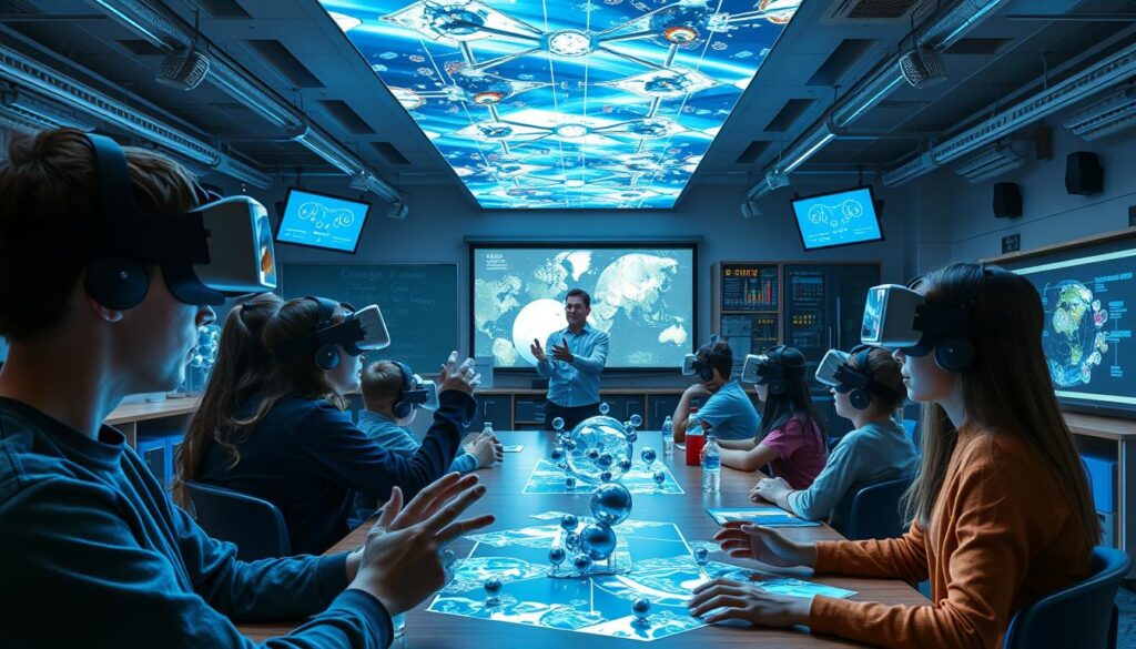 A futuristic classroom filled with holographic displays, virtual reality headsets, and interactive learning stations. In the foreground, students immersed in a simulated science experiment, manipulating 3D molecular structures with their hands. In the middle ground, a teacher guiding the class, using a gesture-controlled interface to project dynamic visualizations. The background showcases the school's cutting-edge technology infrastructure - an array of sensors, servers, and wireless access points enabling seamless connectivity and data integration. The scene conveys a sense of excitement and exploration, as the students engage with innovative learning tools, overcoming the challenges of traditional classroom settings.