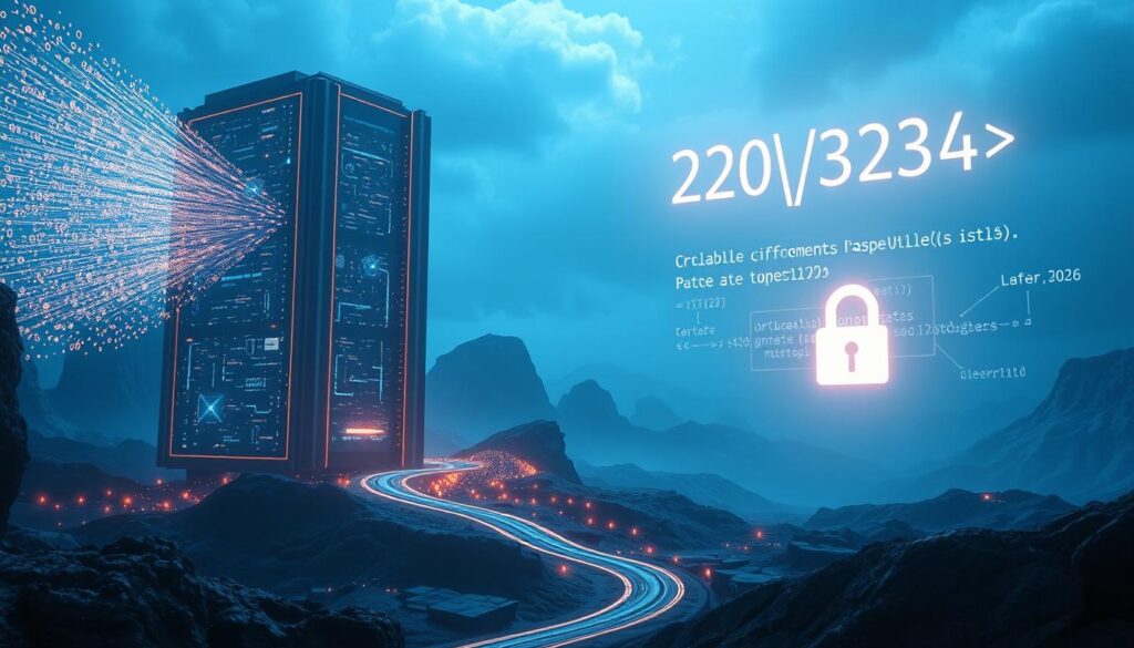 A futuristic landscape showcasing the power of quantum computing and its impact on cryptography. In the foreground, a towering quantum processor emits a mesmerizing array of quantum particles, hinting at the immense computational capabilities. The middle ground features a secure data transmission, represented by a sleek, glowing data stream. In the background, a complex mathematical formula floats ethereally, symbolizing the cryptographic algorithms on the verge of being broken by quantum supremacy. The scene is bathed in a cool, blue-toned lighting, conveying a sense of technological advancement and impending change. The overall composition evokes a sense of both wonder and unease, capturing the transformative potential of quantum computing and its disruptive impact on the current state of cybersecurity.