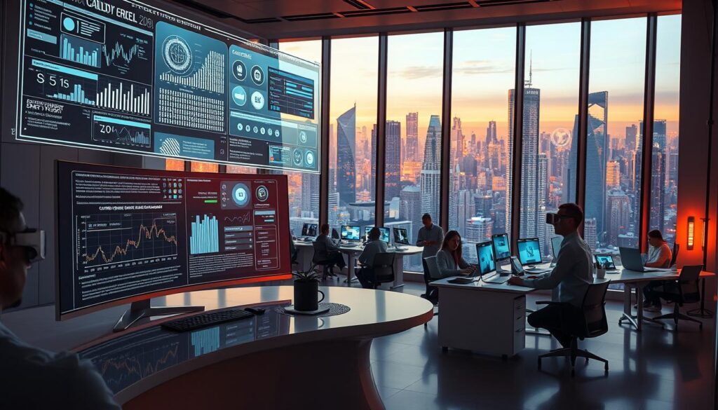 A futuristic office interior with an AI-powered credit analysis system. In the foreground, a sleek, minimalist desk with a large curved monitor displaying intricate financial data and credit models. Holographic projections of customer profiles, credit reports, and risk assessment algorithms float above the desk, controlled by the hand gestures of a financial analyst wearing an augmented reality headset. In the middle ground, rows of workstations with data scientists and credit underwriters collaborating on laptops, surrounded by abstract data visualizations projected onto the walls. The background features floor-to-ceiling windows overlooking a dynamic urban skyline, bathed in warm, directional lighting that casts dramatic shadows, conveying a sense of technological innovation and financial power. A futuristic office interior with an AI-powered credit analysis system. In the foreground, a sleek, minimalist desk with a large curved monitor displaying intricate financial data and credit models. Holographic projections of customer profiles, credit reports, and risk assessment algorithms float above the desk, controlled by the hand gestures of a financial analyst wearing an augmented reality headset. In the middle ground, rows of workstations with data scientists and credit underwriters collaborating on laptops, surrounded by abstract data visualizations projected onto the walls. The background features floor-to-ceiling windows overlooking a dynamic urban skyline, bathed in warm, directional lighting that casts dramatic shadows, conveying a sense of technological innovation and financial power.