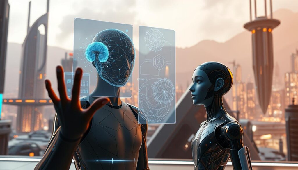 A futuristic scene depicting the latest advancements in AI technology for interactive game characters. In the foreground, a lifelike digital avatar gestures and converses with the viewer, its facial expressions and body language conveying a sense of natural, human-like intelligence. In the middle ground, holographic projections showcase the intricate neural networks and computational processes powering the character's advanced decision-making and emotional responses. The background features a sleek, high-tech game environment, with towering skyscrapers, floating platforms, and a luminous cityscape bathed in a warm, cinematic lighting. The overall atmosphere evokes a sense of technological wonder and the potential of AI to create deeply immersive and engaging interactive experiences. A futuristic scene depicting the latest advancements in AI technology for interactive game characters. In the foreground, a lifelike digital avatar gestures and converses with the viewer, its facial expressions and body language conveying a sense of natural, human-like intelligence. In the middle ground, holographic projections showcase the intricate neural networks and computational processes powering the character's advanced decision-making and emotional responses. The background features a sleek, high-tech game environment, with towering skyscrapers, floating platforms, and a luminous cityscape bathed in a warm, cinematic lighting. The overall atmosphere evokes a sense of technological wonder and the potential of AI to create deeply immersive and engaging interactive experiences.