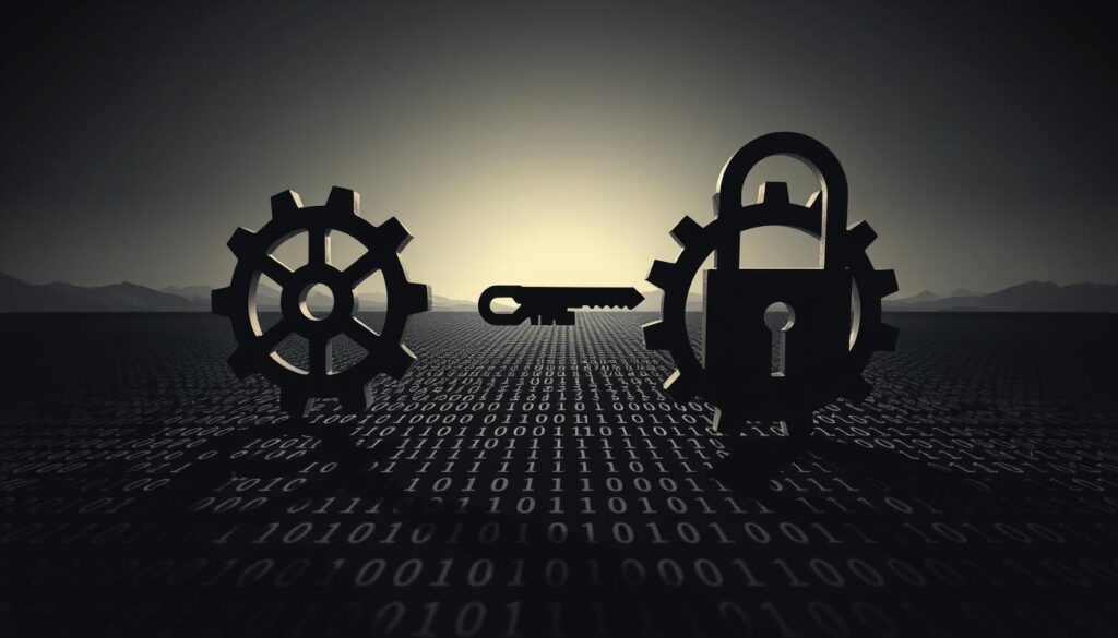 A high-contrast, detailed illustration depicting the concept of asymmetric cryptography with public and private keys. In the foreground, two interlocking gears symbolize the interaction between the public and private keys, casting shadows that resemble a lock and key. In the middle ground, a binary code pattern fills the space, representing the encryption and decryption process. The background features a minimalist landscape of geometric shapes and gradients, suggesting the mathematical foundations of cryptography. The overall scene is rendered with a moody, technical aesthetic, utilizing dramatic lighting and a muted color palette to convey the power and complexity of secure digital communication. A high-contrast, detailed illustration depicting the concept of asymmetric cryptography with public and private keys. In the foreground, two interlocking gears symbolize the interaction between the public and private keys, casting shadows that resemble a lock and key. In the middle ground, a binary code pattern fills the space, representing the encryption and decryption process. The background features a minimalist landscape of geometric shapes and gradients, suggesting the mathematical foundations of cryptography. The overall scene is rendered with a moody, technical aesthetic, utilizing dramatic lighting and a muted color palette to convey the power and complexity of secure digital communication.