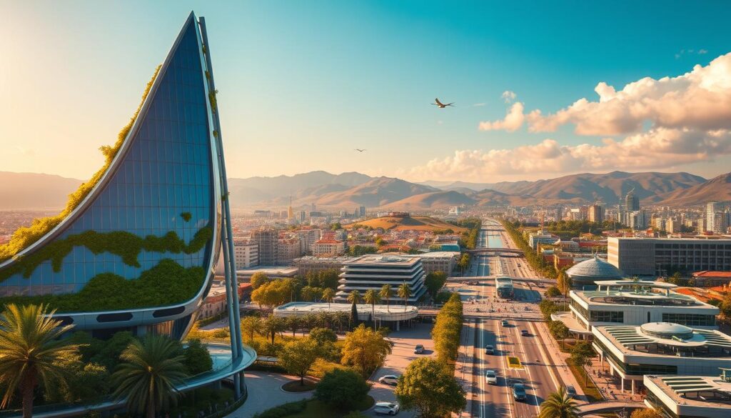 A high-resolution image of a futuristic, eco-friendly city landscape, with a focus on generative AI technology driving sustainable transformation. In the foreground, a sleek, avant-garde building powered by renewable energy sources, its façade adorned with lush, verdant greenery. In the middle ground, a bustling, pedestrian-friendly city center, with automated public transportation systems and clean-energy infrastructure. In the background, rolling hills and a vibrant, azure sky, hinting at a harmonious integration between technology and nature. The scene is bathed in warm, golden light, conveying a sense of progress and optimism towards a carbon-neutral future, powered by the innovative capabilities of generative AI. A high-resolution image of a futuristic, eco-friendly city landscape, with a focus on generative AI technology driving sustainable transformation. In the foreground, a sleek, avant-garde building powered by renewable energy sources, its façade adorned with lush, verdant greenery. In the middle ground, a bustling, pedestrian-friendly city center, with automated public transportation systems and clean-energy infrastructure. In the background, rolling hills and a vibrant, azure sky, hinting at a harmonious integration between technology and nature. The scene is bathed in warm, golden light, conveying a sense of progress and optimism towards a carbon-neutral future, powered by the innovative capabilities of generative AI.