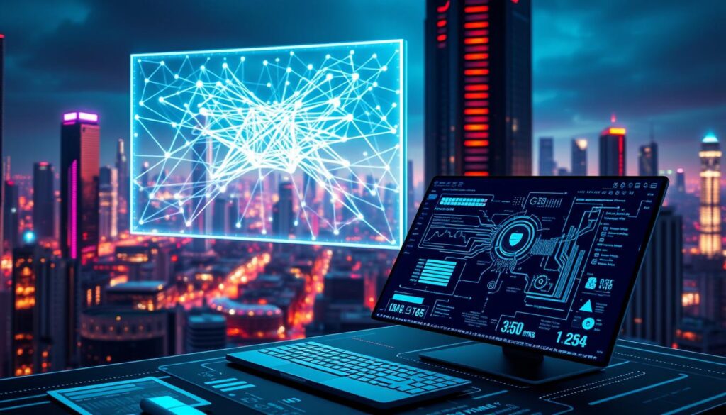 A high-tech cybersecurity landscape, where artificial intelligence and machine learning converge to protect against digital threats. In the foreground, a sleek, angular AI-powered security console displays real-time data and analytics, guiding defenders through the complex web of cyber attacks. The middle ground features a holographic projection of a network architecture, intricate lines and nodes pulsing with digital energy. In the background, a cityscape of towering skyscrapers and futuristic infrastructure, illuminated by a vibrant, neon-tinged color palette that evokes a sense of technological dynamism and innovation. The scene conveys a balance of power, intelligence, and vigilance, showcasing how AI-driven cybersecurity can transform risks into robust safeguards.