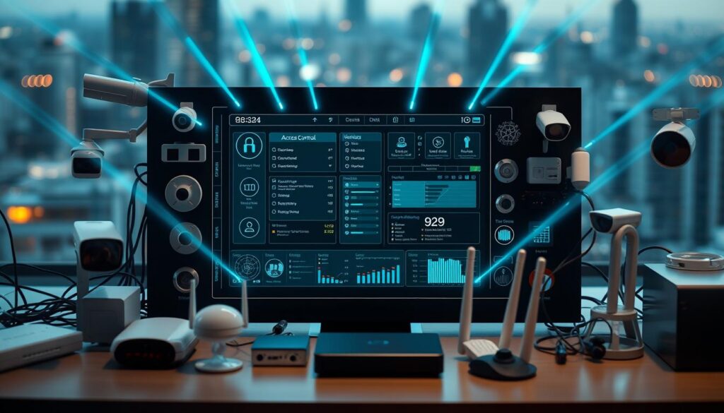 A high-tech security control panel surrounded by various IoT devices, including smart sensors, cameras, and network routers. The panel displays detailed access control settings and user profiles in a sleek, minimalist interface. Beams of blue-green light emanate from the devices, casting a futuristic glow across the scene. The background features a blurred cityscape, representing the interconnected, urban IoT environment. An atmosphere of sophisticated data management and secure access permeates the image.
