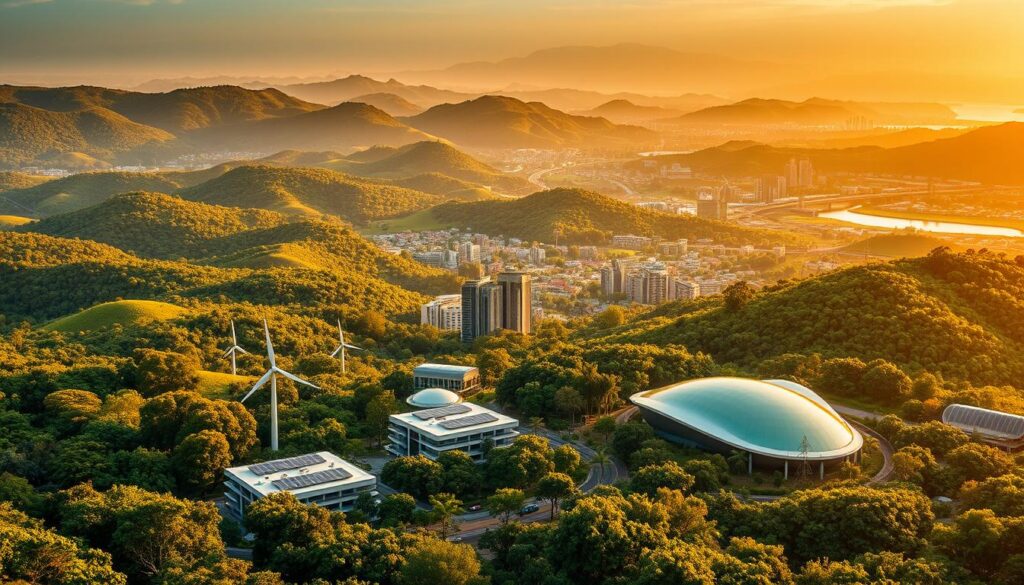 A lush, verdant landscape of rolling hills and vibrant foliage, bathed in the warm glow of a golden sunset. In the foreground, a cluster of sleek, modern buildings and structures, their clean lines and seamless integration with the natural environment showcasing innovative Brazilian green technology. Solar panels, wind turbines, and other sustainable energy sources dot the scene, harnessing the abundant natural resources. The middle ground features a bustling urban center, its skyscrapers and infrastructure designed with eco-friendly principles, while in the background, pristine forests and waterways stretch out, untouched by human intervention. The overall atmosphere conveys a sense of harmony between nature and technology, a vision of a sustainable future for Brazil. A lush, verdant landscape of rolling hills and vibrant foliage, bathed in the warm glow of a golden sunset. In the foreground, a cluster of sleek, modern buildings and structures, their clean lines and seamless integration with the natural environment showcasing innovative Brazilian green technology. Solar panels, wind turbines, and other sustainable energy sources dot the scene, harnessing the abundant natural resources. The middle ground features a bustling urban center, its skyscrapers and infrastructure designed with eco-friendly principles, while in the background, pristine forests and waterways stretch out, untouched by human intervention. The overall atmosphere conveys a sense of harmony between nature and technology, a vision of a sustainable future for Brazil.