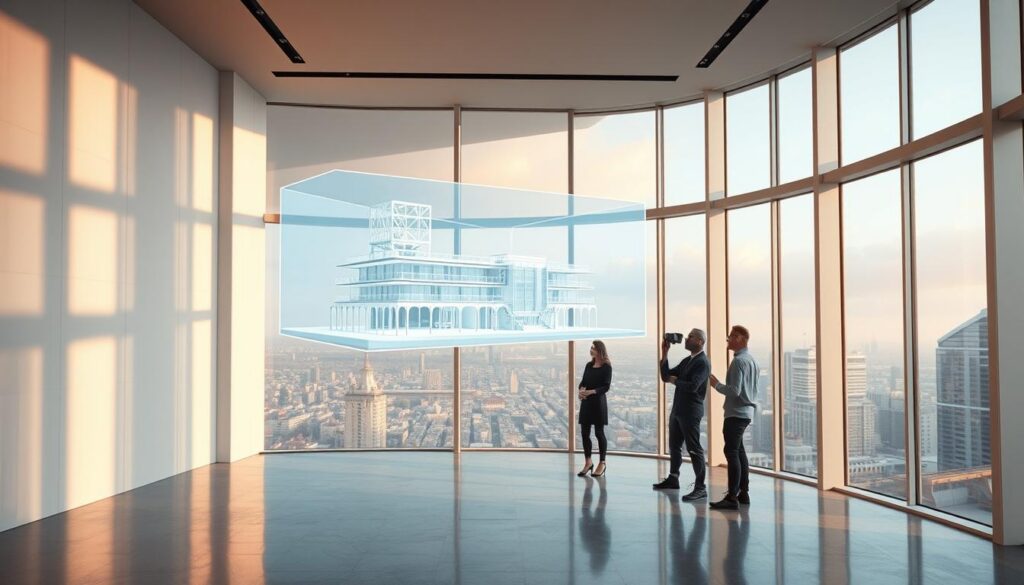 A modern architectural visualization of a digital prototype for an extended reality (XR) application. The scene depicts a sleek, minimalist interior with large windows overlooking a futuristic cityscape. The lighting is a blend of natural daylight and warm, indirect illumination, casting soft shadows and highlights on the virtual 3D models. In the foreground, a floating holographic display showcases a digital representation of an architectural design, allowing for real-time manipulation and evaluation. The middle ground features a virtual design team collaborating in an immersive, mixed-reality environment, examining the prototype from multiple perspectives. The background reveals the urban landscape, hinting at the practical applications of XR technology in the architecture and engineering industries. A modern architectural visualization of a digital prototype for an extended reality (XR) application. The scene depicts a sleek, minimalist interior with large windows overlooking a futuristic cityscape. The lighting is a blend of natural daylight and warm, indirect illumination, casting soft shadows and highlights on the virtual 3D models. In the foreground, a floating holographic display showcases a digital representation of an architectural design, allowing for real-time manipulation and evaluation. The middle ground features a virtual design team collaborating in an immersive, mixed-reality environment, examining the prototype from multiple perspectives. The background reveals the urban landscape, hinting at the practical applications of XR technology in the architecture and engineering industries.