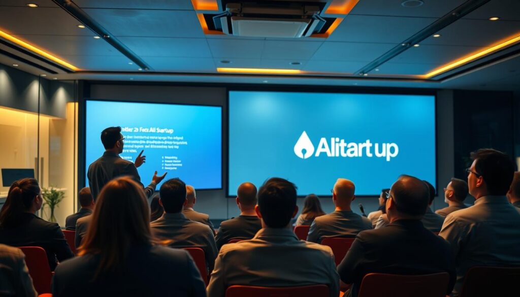 A modern, sleek conference room with warm, dynamic lighting. In the foreground, a confident entrepreneur delivers a dynamic pitch presentation on a large, seamless display. The middle ground features an attentive audience of potential investors, their faces lit by the screen's glow. The background showcases the startup's logo and branding, conveying a sense of professionalism and innovation. The overall atmosphere is one of energy, engagement, and the promise of cutting-edge AI technology. A modern, sleek conference room with warm, dynamic lighting. In the foreground, a confident entrepreneur delivers a dynamic pitch presentation on a large, seamless display. The middle ground features an attentive audience of potential investors, their faces lit by the screen's glow. The background showcases the startup's logo and branding, conveying a sense of professionalism and innovation. The overall atmosphere is one of energy, engagement, and the promise of cutting-edge AI technology.