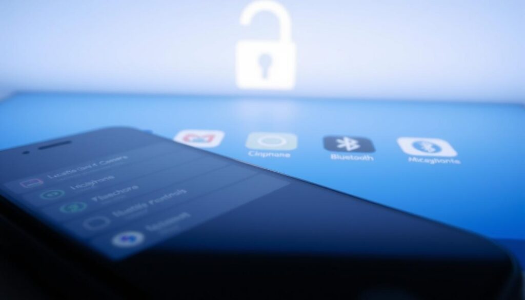 A smartphone's home screen, displaying a series of privacy settings options. The foreground shows the display screen with detailed toggles for location, camera, microphone, and Bluetooth permissions. The middle ground features app icons, signifying the need to review app-level privacy controls. The background depicts a minimalist, blue-toned environment, suggesting a calm and secure digital atmosphere. The lighting is soft and diffused, with a slight depth of field effect, drawing the viewer's attention to the phone's display. The overall composition conveys the importance of diligently managing a smartphone's privacy configuration to protect against digital surveillance. A smartphone's home screen, displaying a series of privacy settings options. The foreground shows the display screen with detailed toggles for location, camera, microphone, and Bluetooth permissions. The middle ground features app icons, signifying the need to review app-level privacy controls. The background depicts a minimalist, blue-toned environment, suggesting a calm and secure digital atmosphere. The lighting is soft and diffused, with a slight depth of field effect, drawing the viewer's attention to the phone's display. The overall composition conveys the importance of diligently managing a smartphone's privacy configuration to protect against digital surveillance.