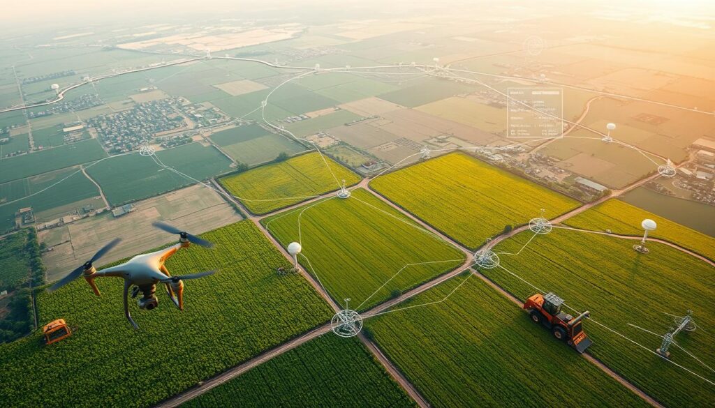 A sprawling agricultural landscape captured from a satellite's perspective, showcasing a network of connected sensors and monitoring devices. The foreground features precision farming tools like drones and robotic harvesters, while the middle ground displays lush green fields dotted with sensor nodes and weather stations. The background reveals a tapestry of satellite imagery, overlaid with data visualizations and analytics dashboards, painting a comprehensive picture of real-time environmental monitoring and smart decision-making for sustainable agriculture. Soft, diffused lighting and a serene, technological atmosphere pervade the scene, highlighting the seamless integration of advanced technology and ecological stewardship.