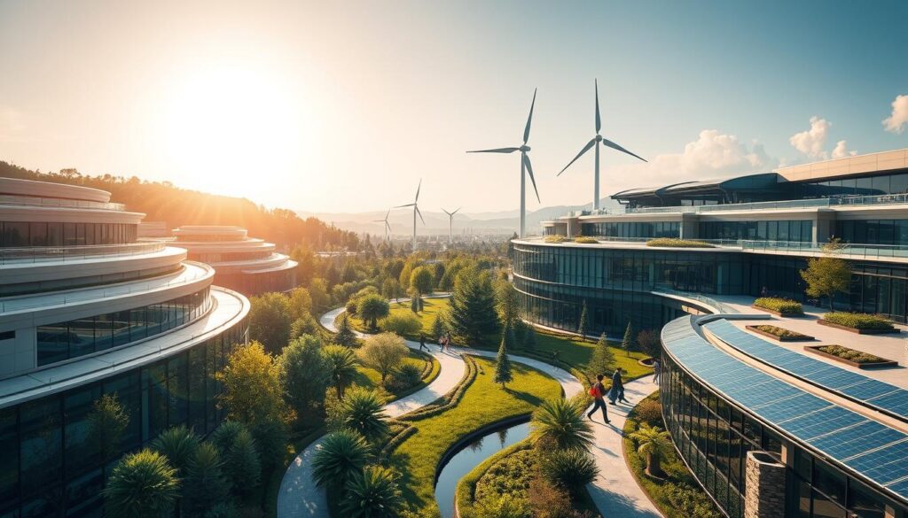 A sprawling corporate campus nestled in a lush, verdant landscape. Sleek, modern buildings with sweeping glass facades reflect the sun's gentle rays. Solar panels adorn the rooftops, harnessing clean, renewable energy. Employees stroll along winding paths lined with native flora, pausing to admire the tranquil water features. In the distance, a wind turbine stands tall, its blades gently turning, powering the sustainable technologies within. The scene radiates a harmonious balance between technology and nature, a shining example of green corporate innovation.
