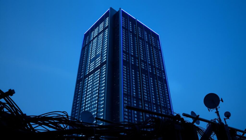 A towering data center, its sleek facade reflecting the glow of countless servers within. Glowing blue LED lights line the edges, casting a cool, futuristic ambiance. The building rises against a hazy, twilight sky, its sharp angles and clean lines signifying the power of modern cloud infrastructure. In the foreground, intricate cable networks and satellite dishes hint at the invisible web of digital connections that power this digital nerve center. The image conveys a sense of scale, complexity and the ubiquitous, yet often unseen, nature of the cloud computing that underpins the digital economy. A towering data center, its sleek facade reflecting the glow of countless servers within. Glowing blue LED lights line the edges, casting a cool, futuristic ambiance. The building rises against a hazy, twilight sky, its sharp angles and clean lines signifying the power of modern cloud infrastructure. In the foreground, intricate cable networks and satellite dishes hint at the invisible web of digital connections that power this digital nerve center. The image conveys a sense of scale, complexity and the ubiquitous, yet often unseen, nature of the cloud computing that underpins the digital economy.