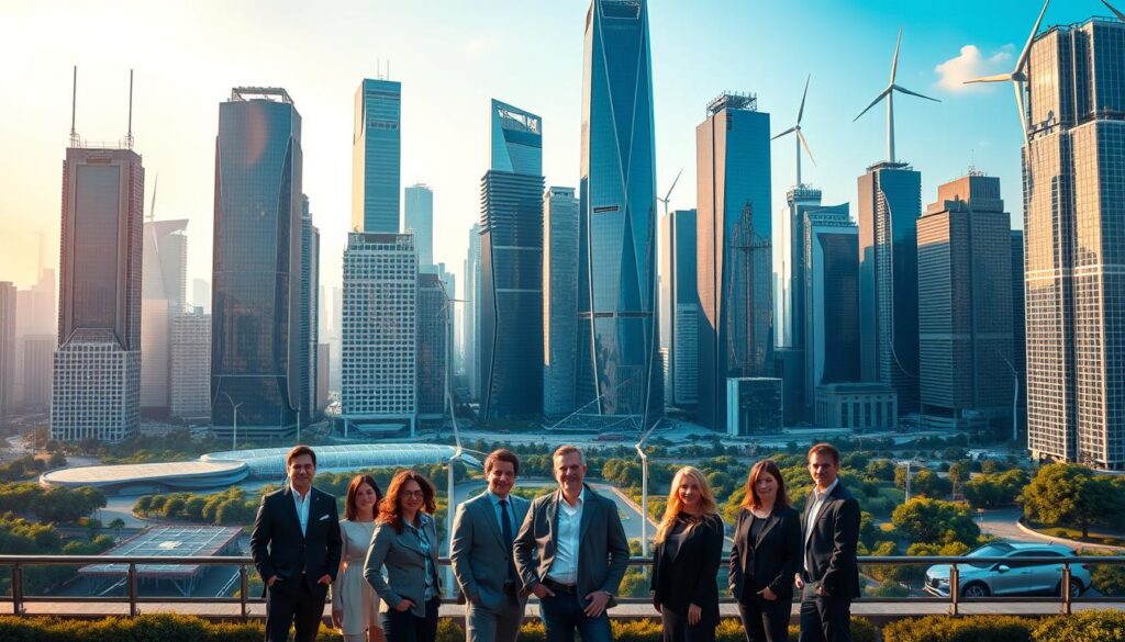 A vast, futuristic cityscape of towering, gleaming skyscrapers, their facades adorned with solar panels and wind turbines. In the foreground, a group of tech industry leaders stand united, their expressions resolute as they oversee the seamless integration of renewable energy and sustainable digital infrastructure. Soft, diffused lighting casts a warm, hopeful glow, while the background is punctuated by the silhouettes of electric vehicles and lush, verdant parks. The scene conveys a sense of progress, innovation, and a collective commitment to a greener, more technologically-advanced future.