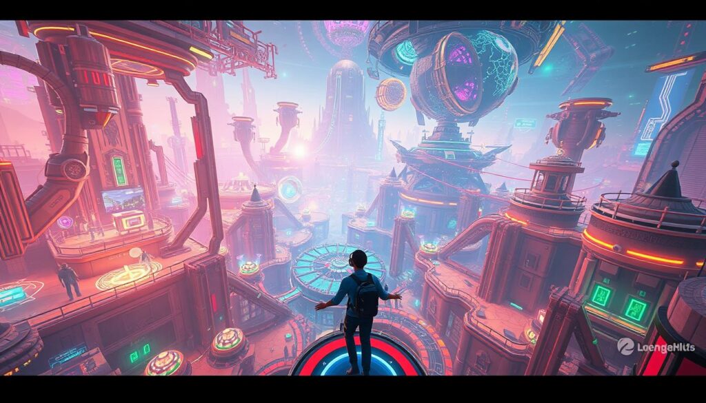 A vast, immersive virtual world comes to life, filled with vibrant hues and dynamic interactions. In the foreground, a player navigates an intricate, futuristic landscape, their movements seamlessly integrated with the digital realm. Holographic interfaces and AR overlays provide a seamless blend of the physical and virtual, enabling a captivating gaming experience. In the middle ground, other players can be seen exploring this captivating virtual space, their avatars moving with lifelike precision. The background showcases the technological advancements that power this immersive reality, with sleek, high-tech devices and infrastructure supporting the expansive, ever-evolving digital environment. The scene exudes a sense of wonder, innovation, and the boundless potential of virtual reality in the realm of gaming.