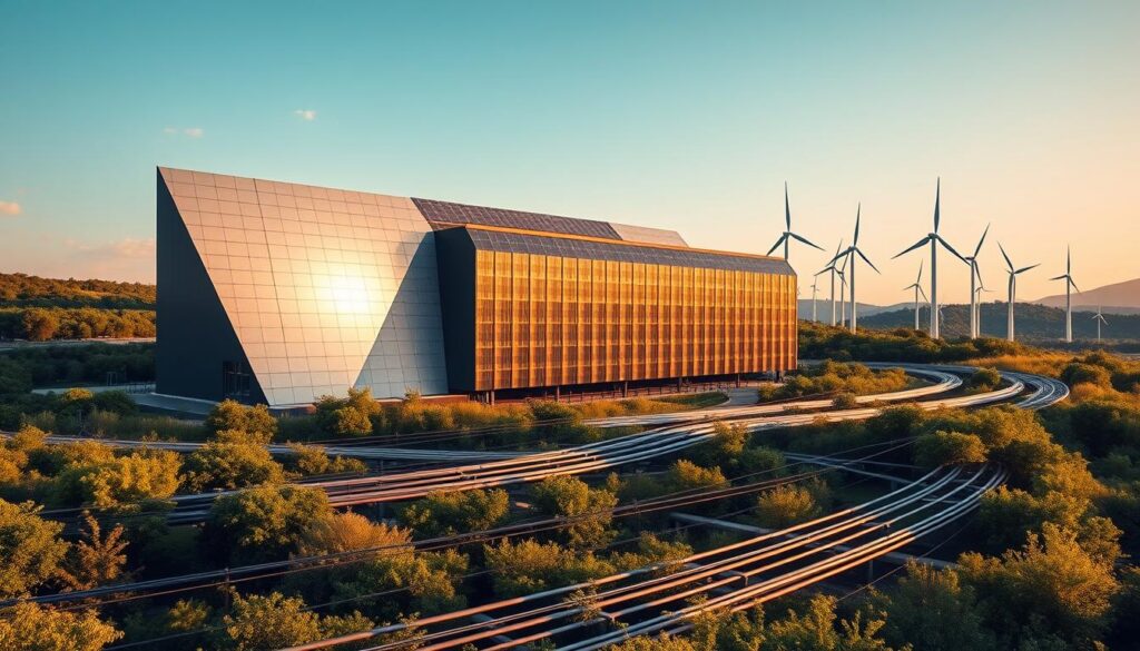 A vast, modern data center nestled amidst a lush, verdant landscape. The building's sleek, angular facade is adorned with gleaming solar panels, harnessing the power of the sun to fuel its energy-efficient operations. Towering wind turbines dot the horizon, their graceful blades spinning with the gentle breeze. The scene is bathed in warm, golden light, creating a sense of harmony between technology and nature. In the foreground, a network of pipelines and cables wind through the greenery, transporting the clean, renewable energy that powers this cutting-edge, eco-friendly data hub. The overall atmosphere conveys a vision of sustainable, environmentally-conscious technology, where innovation and environmental responsibility go hand-in-hand. A vast, modern data center nestled amidst a lush, verdant landscape. The building's sleek, angular facade is adorned with gleaming solar panels, harnessing the power of the sun to fuel its energy-efficient operations. Towering wind turbines dot the horizon, their graceful blades spinning with the gentle breeze. The scene is bathed in warm, golden light, creating a sense of harmony between technology and nature. In the foreground, a network of pipelines and cables wind through the greenery, transporting the clean, renewable energy that powers this cutting-edge, eco-friendly data hub. The overall atmosphere conveys a vision of sustainable, environmentally-conscious technology, where innovation and environmental responsibility go hand-in-hand.