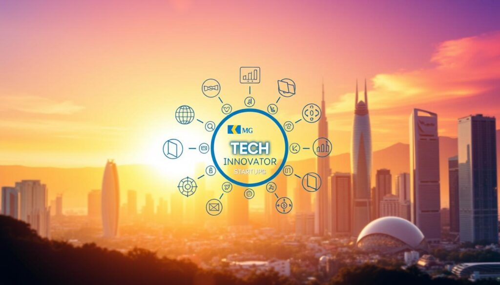 A vibrant, dynamic composition showcasing the most innovative Brazilian startups. In the foreground, a sleek, modern design featuring the KPMG Global Tech Innovator logo, surrounded by a circular arrangement of stylized startup icons, each representing a cutting-edge technology sector. The middle ground features a striking cityscape, with towering skyscrapers and futuristic architecture bathed in a warm, golden light. In the background, a vivid, gradient-filled sky creates a sense of energy and innovation. The overall scene exudes a sense of progress, dynamism, and the boundless potential of Brazil's tech ecosystem. A vibrant, dynamic composition showcasing the most innovative Brazilian startups. In the foreground, a sleek, modern design featuring the KPMG Global Tech Innovator logo, surrounded by a circular arrangement of stylized startup icons, each representing a cutting-edge technology sector. The middle ground features a striking cityscape, with towering skyscrapers and futuristic architecture bathed in a warm, golden light. In the background, a vivid, gradient-filled sky creates a sense of energy and innovation. The overall scene exudes a sense of progress, dynamism, and the boundless potential of Brazil's tech ecosystem.