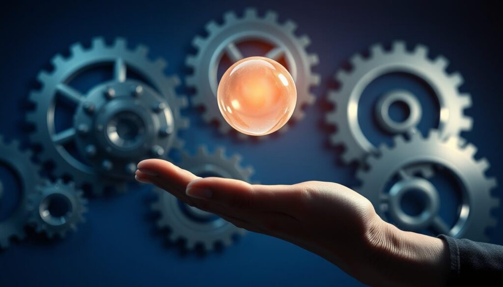 Elegant and thought-provoking image of "Ethics in Artificial Intelligence". A deep blue background sets the contemplative mood, with sleek silver gears and cogs representing the complex machinery of AI systems. In the foreground, a human hand delicately balances a glowing sphere, symbolizing the fragile balance between human values and technological advancement. Dramatic side lighting casts dramatic shadows, emphasizing the weight and importance of the subject. The composition is simple yet impactful, drawing the viewer's focus to the central ethical dilemma. Rendered in a photorealistic style with a shallow depth of field, this image evokes the gravity and nuance of the challenges posed by the rise of generative AI. Elegant and thought-provoking image of "Ethics in Artificial Intelligence". A deep blue background sets the contemplative mood, with sleek silver gears and cogs representing the complex machinery of AI systems. In the foreground, a human hand delicately balances a glowing sphere, symbolizing the fragile balance between human values and technological advancement. Dramatic side lighting casts dramatic shadows, emphasizing the weight and importance of the subject. The composition is simple yet impactful, drawing the viewer's focus to the central ethical dilemma. Rendered in a photorealistic style with a shallow depth of field, this image evokes the gravity and nuance of the challenges posed by the rise of generative AI.