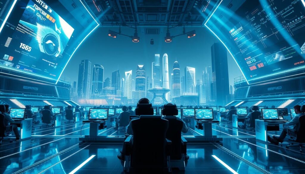 Imagine a futuristic scene depicting the digital revolution in esports. A vast, sleek arena dominates the foreground, with towering holographic displays showcasing gameplay and player data. In the middle ground, teams of players sit in high-tech, ergonomic gaming stations, their expressions intense as they strategize and coordinate their virtual maneuvers. The background is a cityscape of gleaming skyscrapers, with beams of light and digital interfaces interweaving to create a sense of technological sophistication. The lighting is a cool, vibrant palette, reflecting the cutting-edge nature of the setting. The composition emphasizes the seamless integration of technology and competition, capturing the dynamic and immersive essence of the digital revolution in the world of esports.