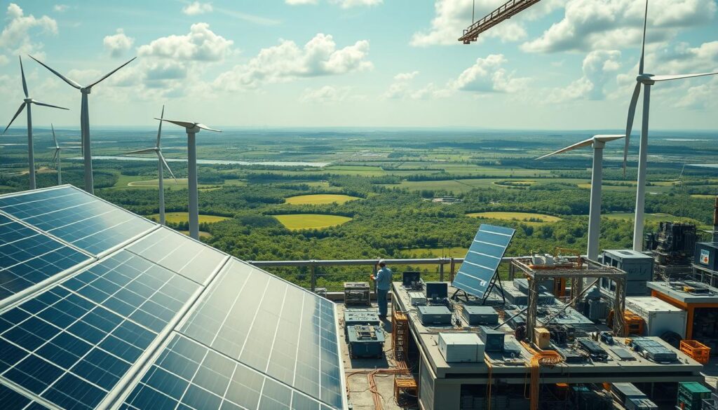 Materiais ecológicos na indústria tecnológica: a futuristic factory showcasing innovative sustainable materials used in tech production. In the foreground, sleek solar panels and wind turbines power the facility. The middle ground features workers assembling cutting-edge electronic devices using bioplastics, recycled metals, and biodegradable components. In the background, a panoramic view of a lush, green landscape reflects the facility's eco-friendly ethos. The scene is bathed in warm, golden light, conveying a sense of progress and optimism for the industry's sustainable future. Cinematic wide angle lens, high-key lighting, detailed industrial design.