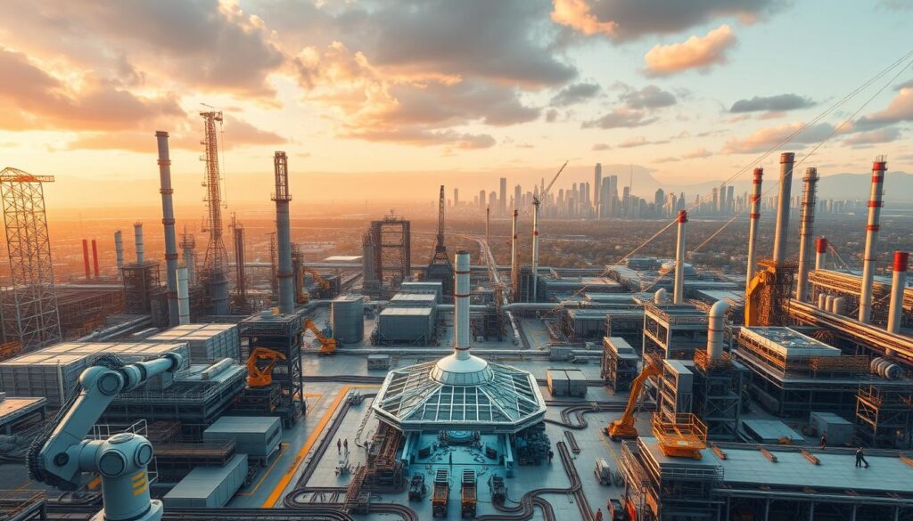 Transformação Digital Industrial no Brasil: an expansive industrial landscape, with towering factories and gleaming high-tech facilities, bathed in a warm, vibrant glow. In the foreground, robotic arms and autonomous vehicles seamlessly integrate with human workers, showcasing the synergy of man and machine. The middle ground features a bustling hub of innovation, with scientists and engineers collaborating on cutting-edge technologies. In the background, a cityscape of skyscrapers and infrastructure symbolizes the broader digital transformation rippling through the Brazilian economy. The scene radiates a sense of progress, efficiency, and the dawn of a new industrial era.